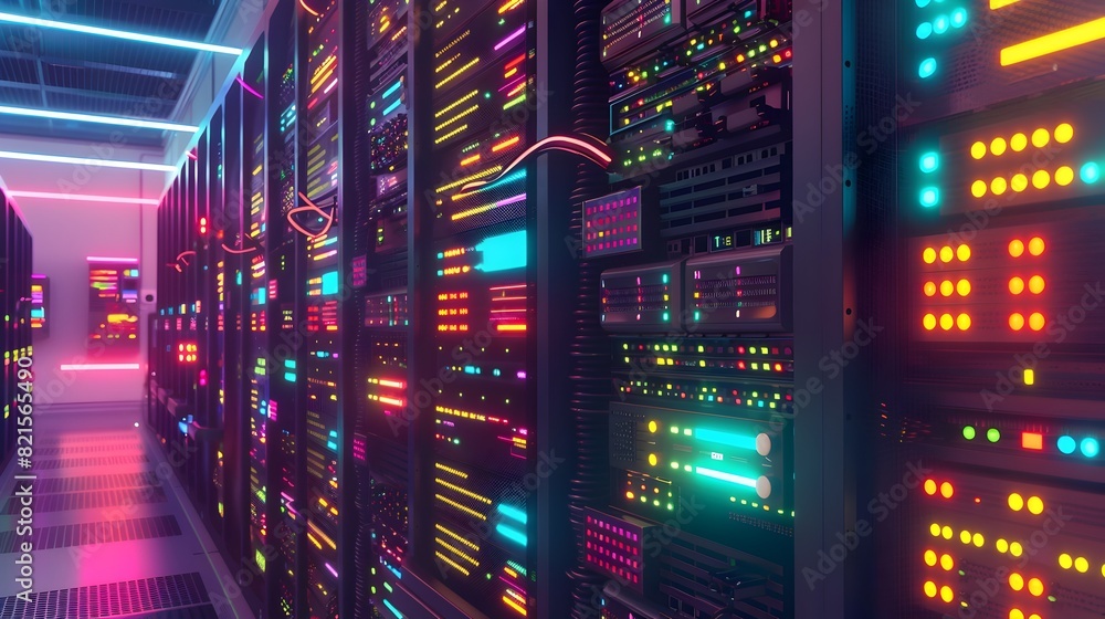 Obraz premium Overclocked Server Rack Vibrantly Illuminated in Minimalist Data Center Atrium