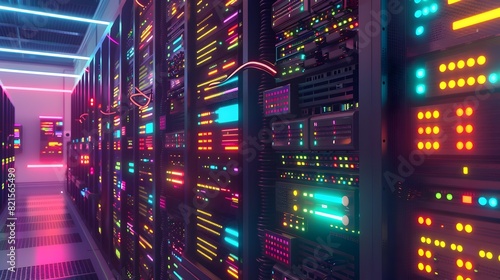 Overclocked Server Rack Vibrantly Illuminated in Minimalist Data Center Atrium photo