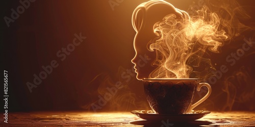 A cup of black coffee, with smoke rising from the top in the shape of an elf girl silhouette. The background is a dark brown and the light source comes from above
