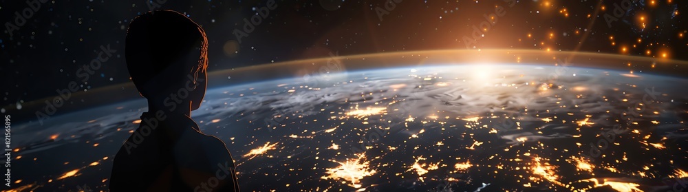 A silhouette of an individual gazing at Earth from space, surrounded by glowing lights representing global connectivity and the digital realm. A silhouette of an individual gazing at Earth from space, surrounded by glowing lights representing global connectivity and the digital realm.