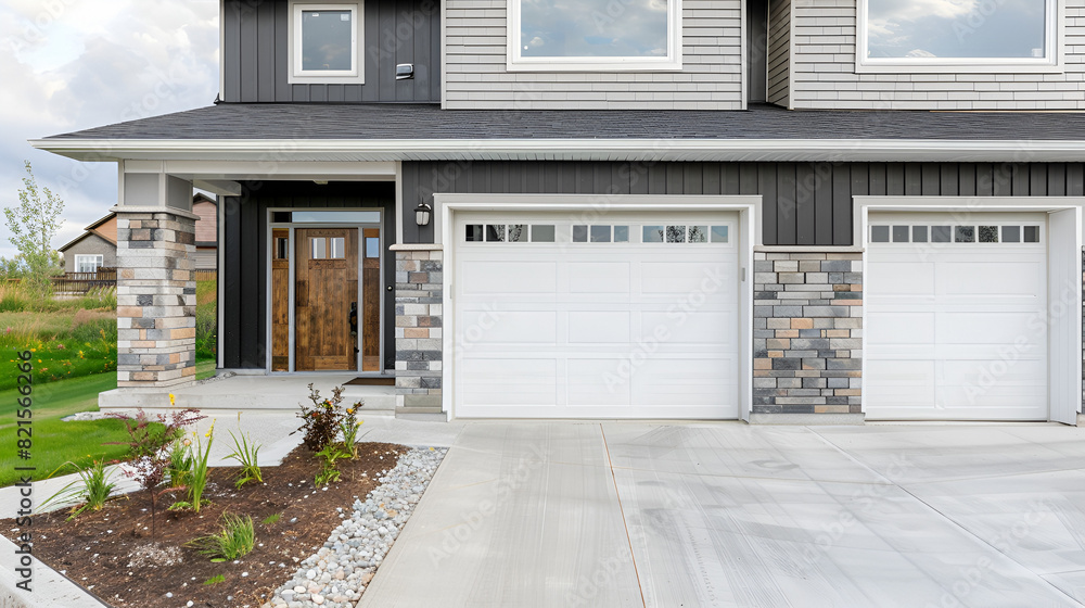 Wide white garage door with glass panes against gray exterior wall of house,Townhouse exterior with white front door and bay windows,luxury  family house,Garage, garage doors and driveway

