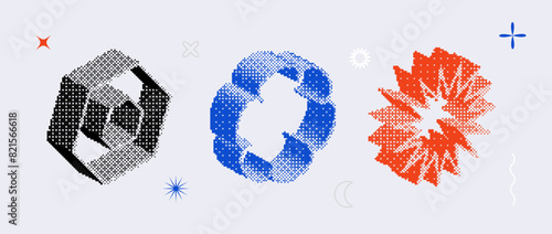 Textured bitmap shapes set. Blue, red, black dither halftone objects collection. 3d star, flower, hexagon elements for banner, poster, leaflet. Abstract pixelated raster effect bundle. Vector pack
