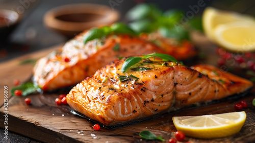 salmon fillet served with on a wooden surface.