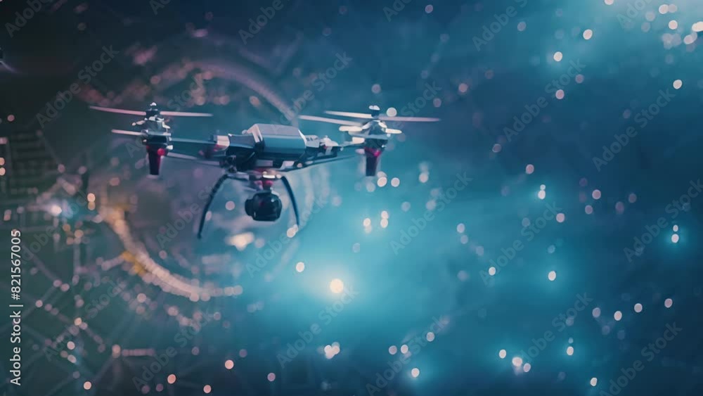 A futuristic drone flies through a neon digital network, representing advanced technology and innovation. Ideal for tech and science concepts.