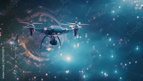 A futuristic drone flies through a neon digital network, representing advanced technology and innovation. Ideal for tech and science concepts.