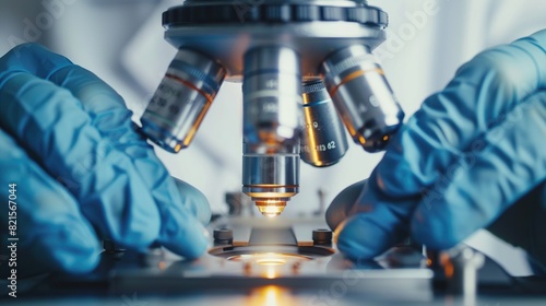 scientist wearing blue gloves is operating a microscope