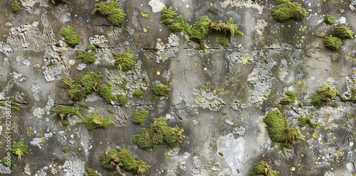 Photograph of an old, weathered concrete wall with moss and lichen growth. The texture is detailed and realistic, showcasing the natural patterns on the stone. It is perfect for backgrounds or wallpap photo