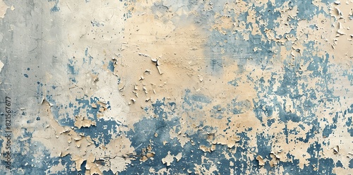 Colorful grunge background, old concrete wall with peeling paint and cracks in blue and beige tones. Textured vintage texture for design and decoration. High resolution photography
