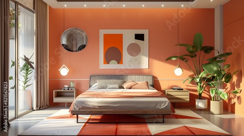 A high-definition shot of a minimalist 3D rendered bedroom with orange accent walls and a geometric rug