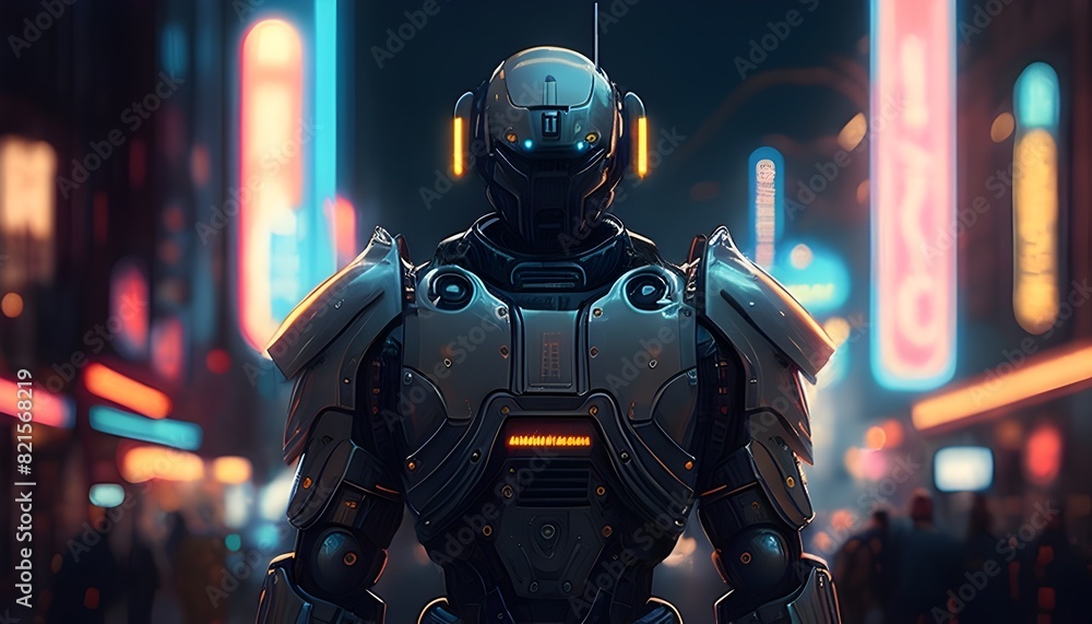 Fototapeta premium Imposing Police Robot Patrolling Neon Lit Futuristic City Streets