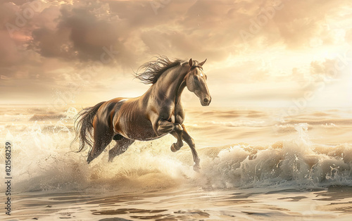 A powerful horse gallops along the beach  waves crashing around it  with the golden hour light reflecting off the water  creating a stunning and dynamic scene.
