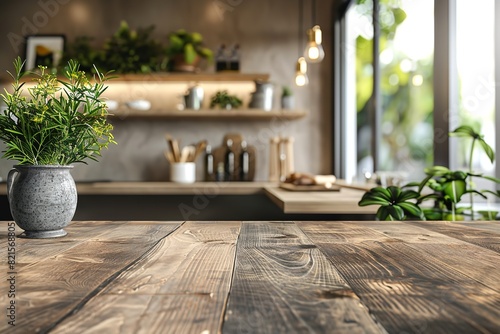 Backdrop of kitchen countertop with inside wood blur  light-colored  vacant room  and kitchenware in the backdrop with big copy space for text  Generative AI.