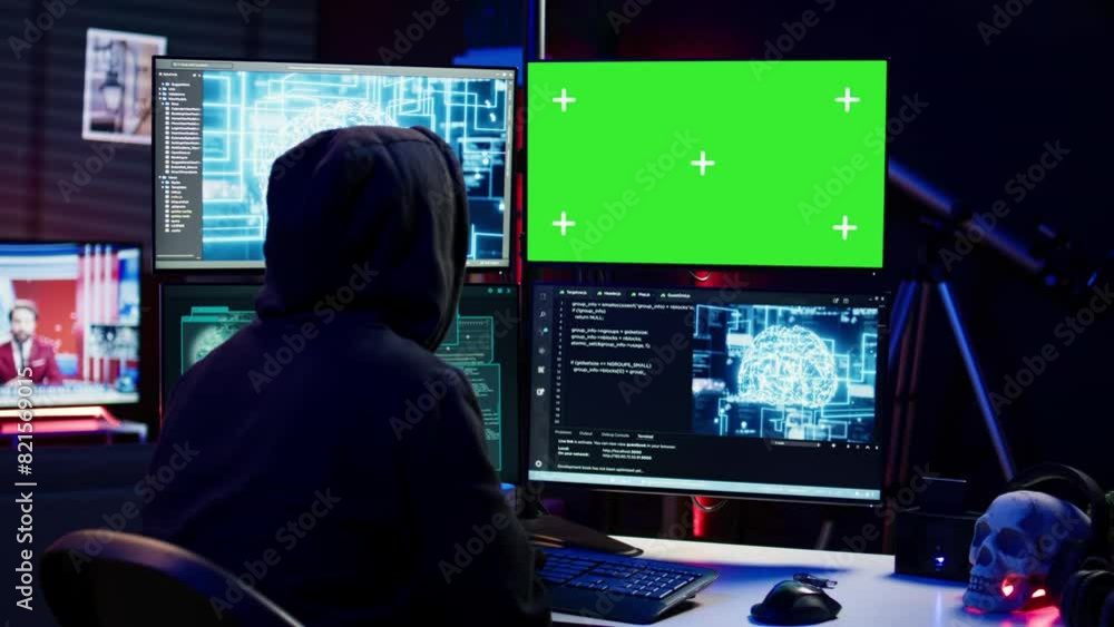 Hacker using AI machine learning and isolated screen computer to produce malware corrupting data. Scammer working on chroma key PC using artificial intelligence tech, infecting systems, camera B Hacker using AI machine learning and isolated screen computer to produce malware corrupting data. Scammer working on chroma key PC using artificial intelligence tech, infecting systems, camera B