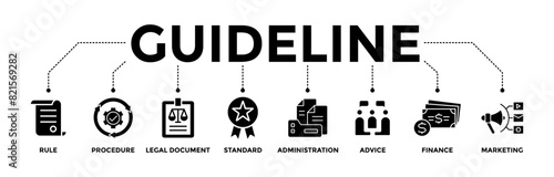 Guideline banner icons set. Vector graphic glyph style with icon of rule, procedure, legal document, standard, administration, advice, finance, and marketing	