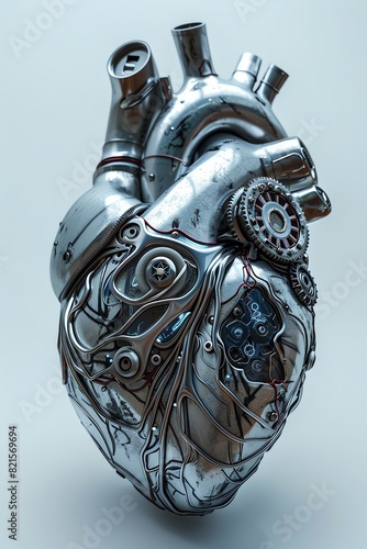 A futuristic steel heart with gears and mechanical parts visible, showcasing a blend of emotion and technology