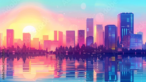 beautiful city skyline illustration at the sunset . view from across the water and with soft color