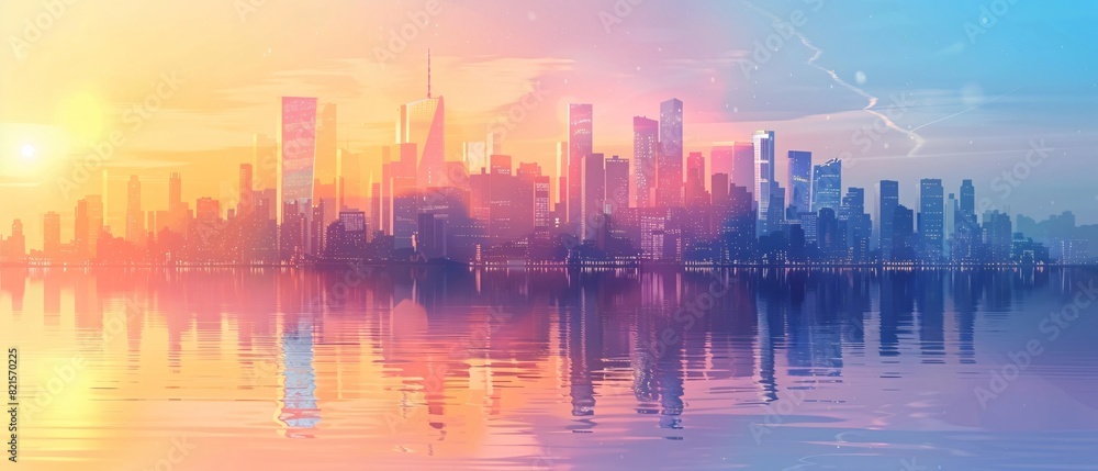 beautiful city skyline illustration at the sunset . view from across the water and with soft color beautiful city skyline illustration at the sunset . view from across the water and with soft color
