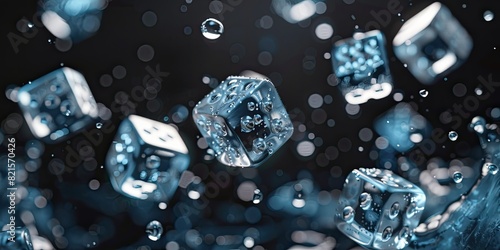 A set of dice made from ice, shimmering with water droplets on the surface, floating in midair against a dark background. The focus is sharp and clear, highlighting intricate details like texture photo
