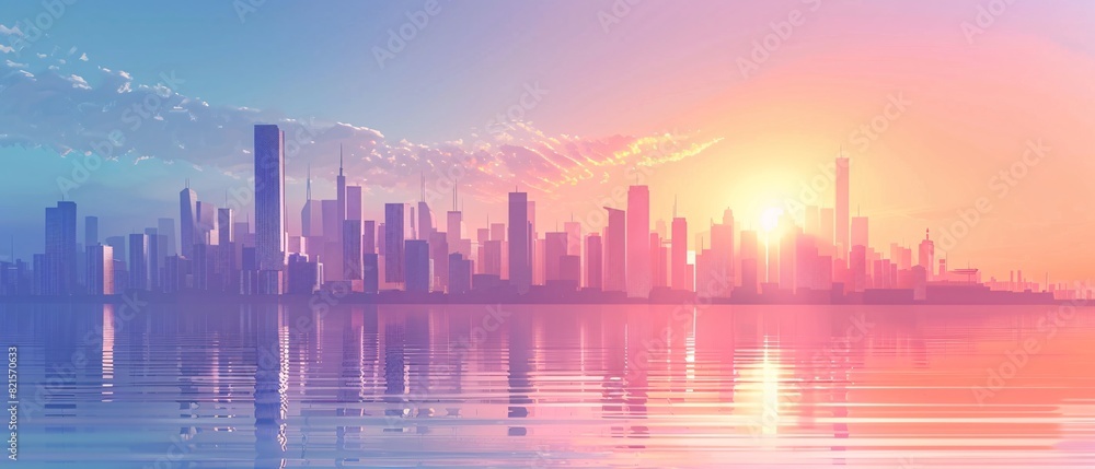 beautiful city skyline illustration at the sunset . view from across the water and with soft color