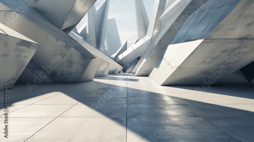 A 3D render of a futuristic architectural landscape with a seamless concrete floor and an array of cantilevered, angular buildings casting dramatic shadows.