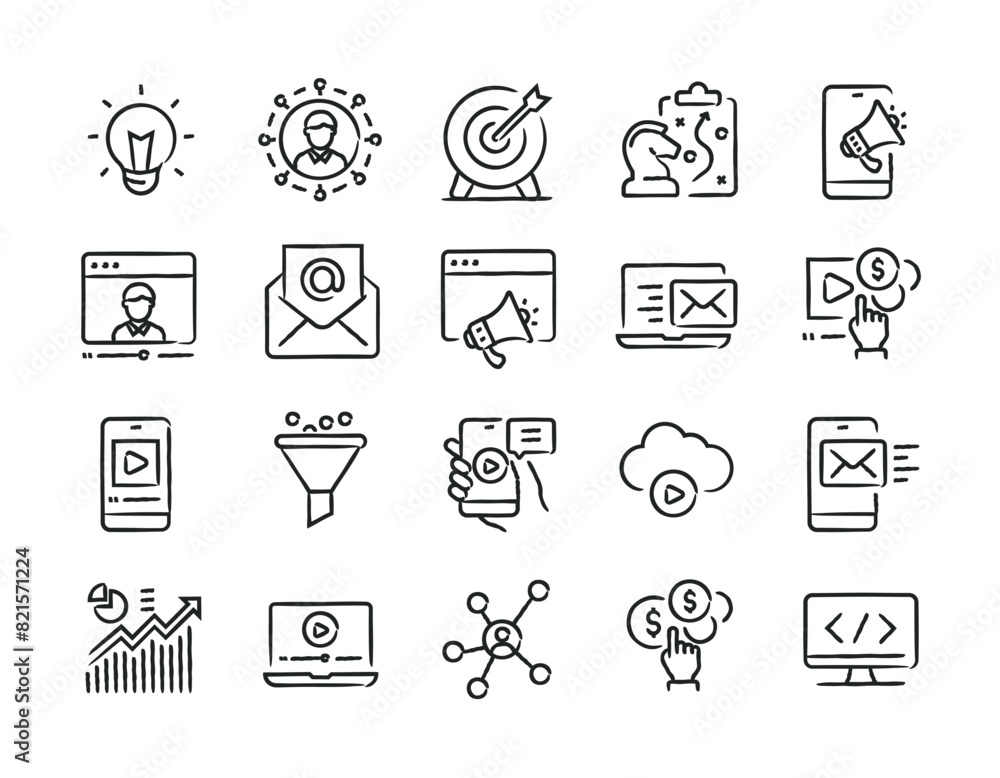Digital marketing hand drawn doodle sketch style line icons. Vector illustration.
Digital marketing hand drawn doodle sketch style line icons. Vector illustration.