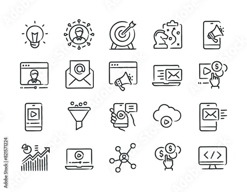 Digital marketing hand drawn doodle sketch style line icons. Vector illustration.	
