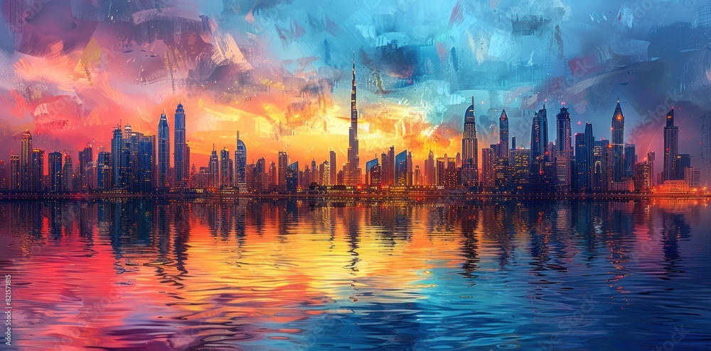 Painting of a city view in the afternoon Painting of a city view in the afternoon