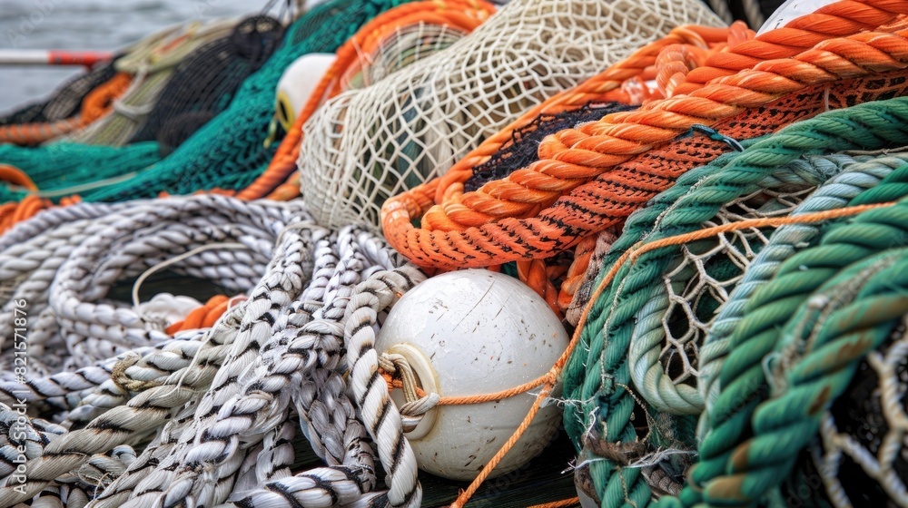 Photo of a stack of fishing nets and floaters on the deck, arranged in layers to show different sizes and colors. An orange, white, green, and black color theme.