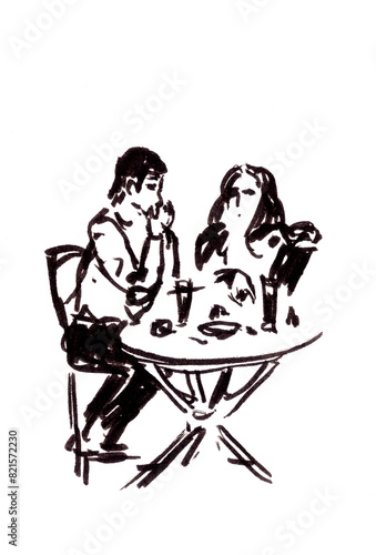 date in a cafe, girl and guy sitting at a round table, graphic black and white sketch