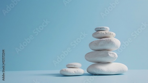 Photo of A stack of white rocks on blue background  minimal concept  simple composition with negative space 