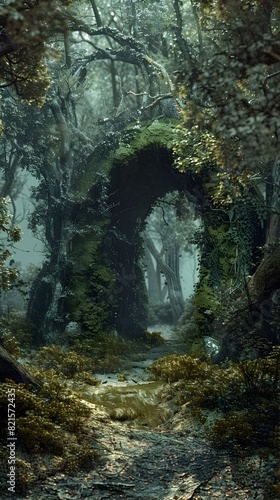 MossCovered Entrance to an Enchanted Otherworldly Realm in a D Rendered Woodland Scene