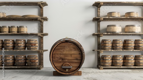 Wine barrel and wooden shelves in a rustic storage room, isolated white background, studio lighting capturing the essence of a country winery for advertising photo