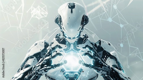 Photo of An AI robot with holographic hands, holding up an energy shield in the center of its chest. The background is white and gray gradient with futuristic elements. photo