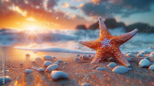 Summer background, Starfish on the sand of a beach, blurred sea background, Copy space, hyper detailed, hyper realistic,