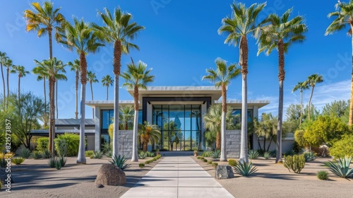 photo of modern home in arizona desert with palm trees and blue sky  front view
