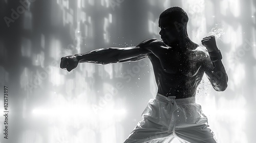 Kickboxer executing a high kick in reverse silhouette, crisp white backdrop