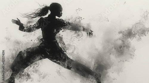 Powerful kick in reverse silhouette, white background photo