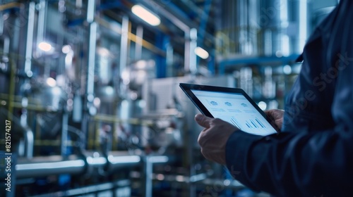 Close-up of analyzing data on a tablet computer, background of a Hydrogen factory, industrial setting with technology integration