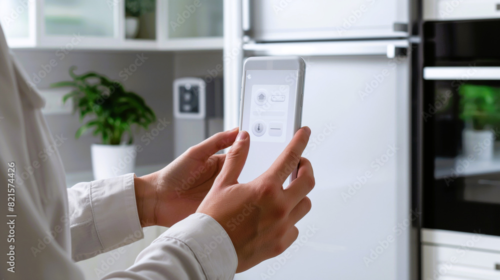 Person using a smartphone to control smart home features concept. Generative ai illustration. Person using a smartphone to control smart home features concept. Generative ai illustration.