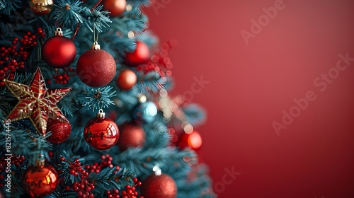     A beautifully decorated Christmas tree with colorful ornaments  tinsel  and a shining star on top  against a solid red background  radiating holiday joy and anticipation 