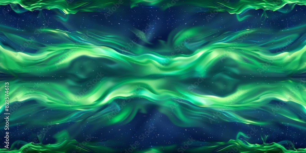 Symmetrical Green Aurora Borealis Waves on Dark Blue Night Sky Background in Photography Pattern