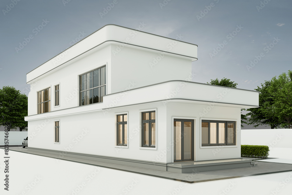 Architecture 3d rendering illustration of minimal modern house with natural landscape and parking.