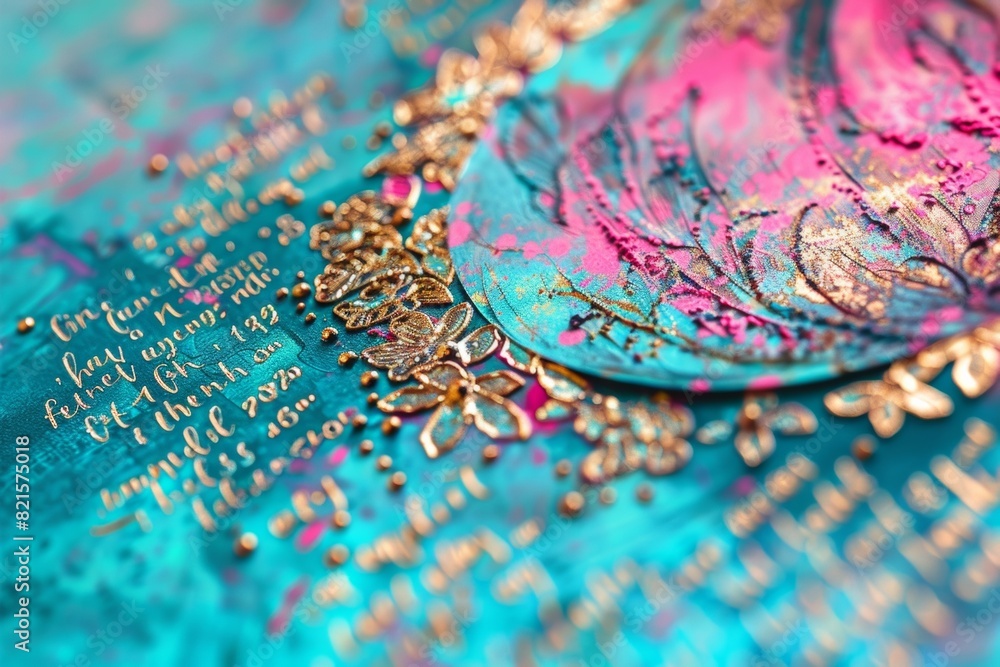 Exquisite Anniversary Card Close-Up Featuring Intricate Calligraphy and Floral Details on a Vibrant Background Exquisite Anniversary Card Close-Up Featuring Intricate Calligraphy and Floral Details on a Vibrant Background