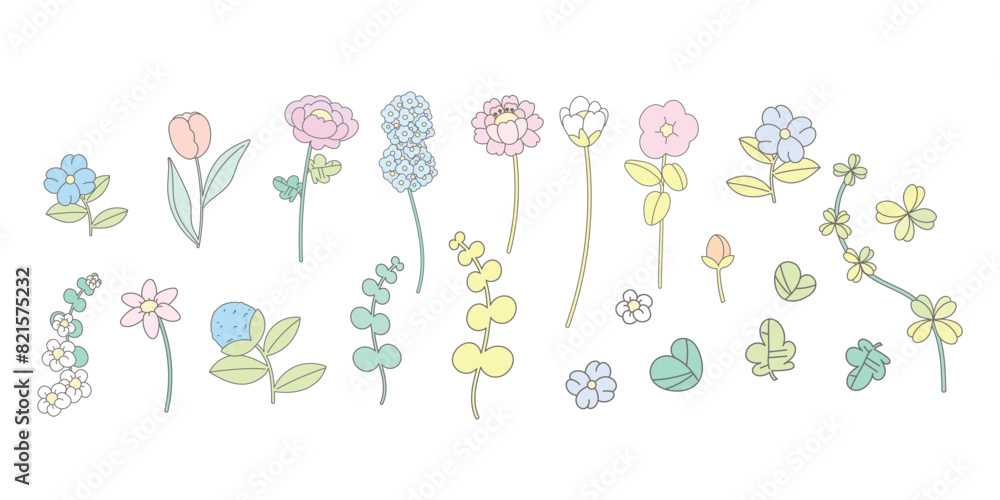 minimal Hand drawn flowers and leaf with sketch line vector in Spring and summer collection