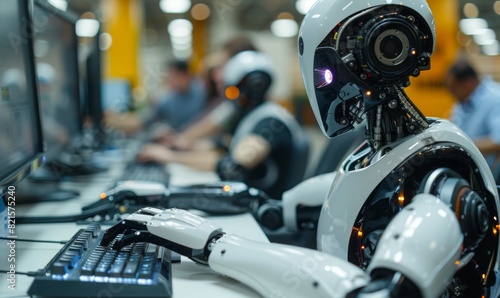 humanoid robot typing on keyword computer. AI assistant robot working in office on PC among employee workers.