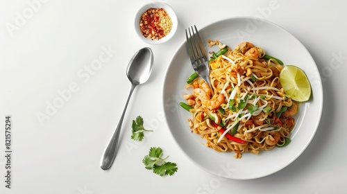 Photo of pad thai on a white plate with a fork and spoon, top down view, in a studio with light, white background, delicious food photography