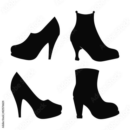 Set of vector fashion shoes silhouette, set of black icon boots