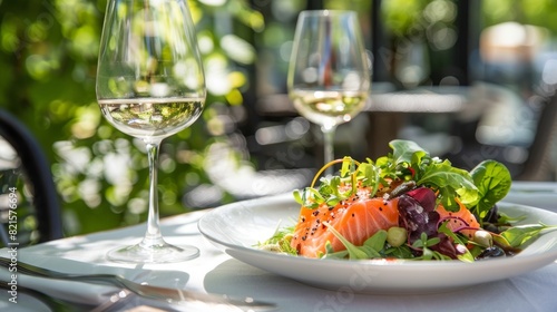 Gourmet salmon salad on a plate, set in an outdoor urban dining environment, close-up capture, perfect for vibrant and appealing food advertising