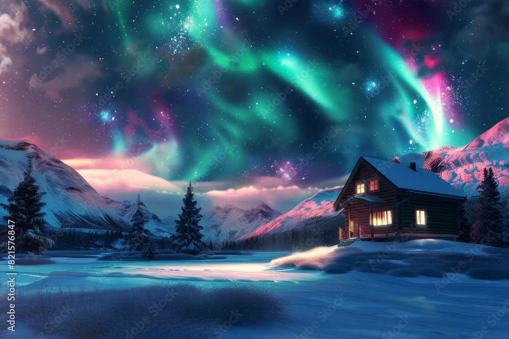 Fototapeta premium Magical Northern Lights Over Snowy Norwegian Landscape With Cozy Cabin at Night