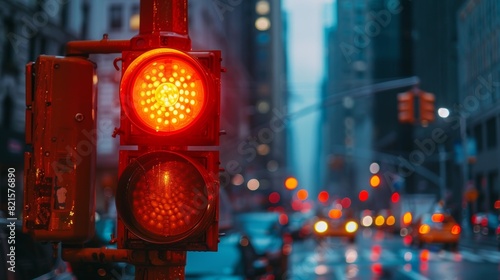 Glowing Stop signal in a bustling city environment, close-up view during daytime, emphasizing the contrast between the bright red light and urban surroundings